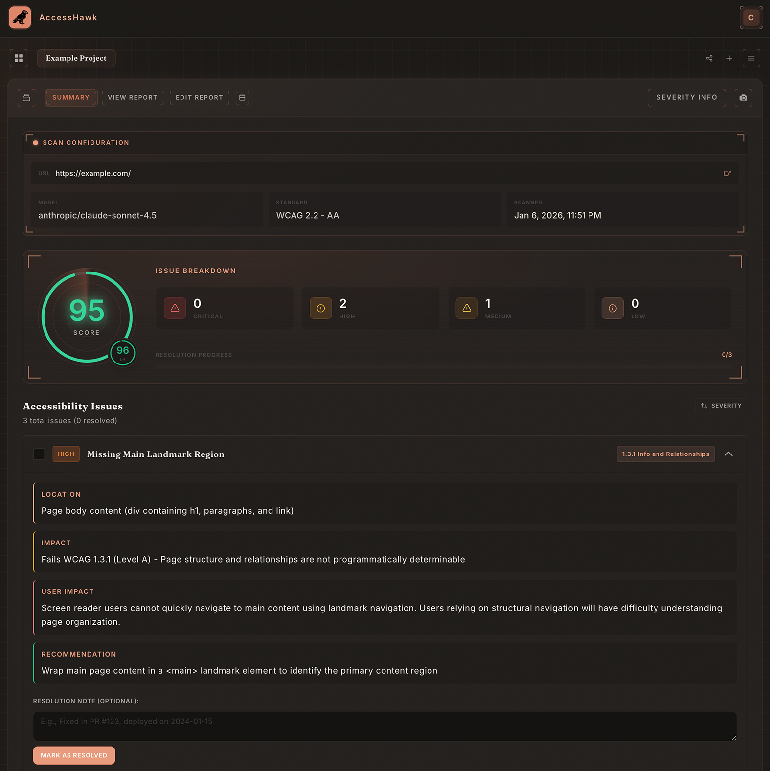AccessHawk scan results showing accessibility score, issue breakdown, and detailed findings